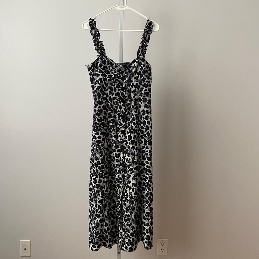 Zara MobWife Moody Animal Print Ruffle Strap Button Midi Dress M Black White